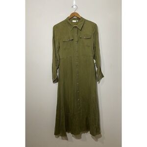 Spartina 449 Peyton Shirt Dress Olive Green Cupro Midi Womens Size M Long Sleeve